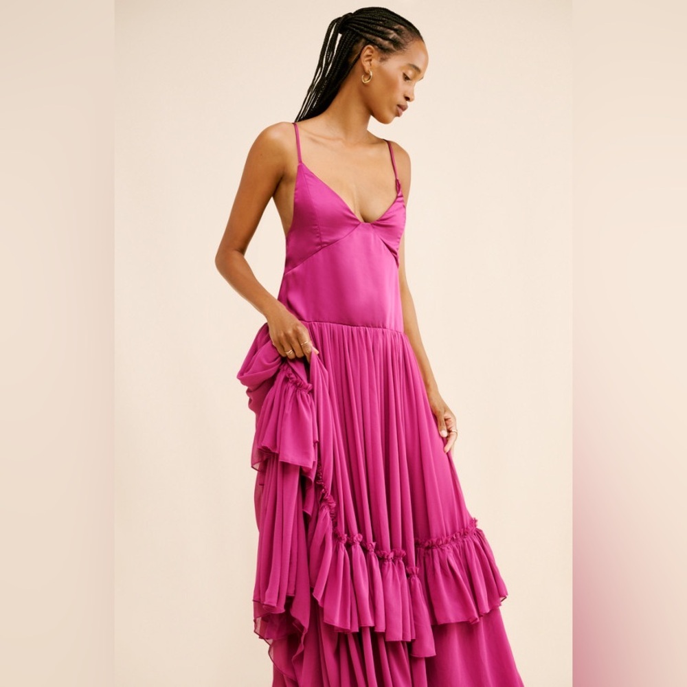 Free People Plum Soliana Drop Waist Satin Tiered Maxi Dress Size Large NWT